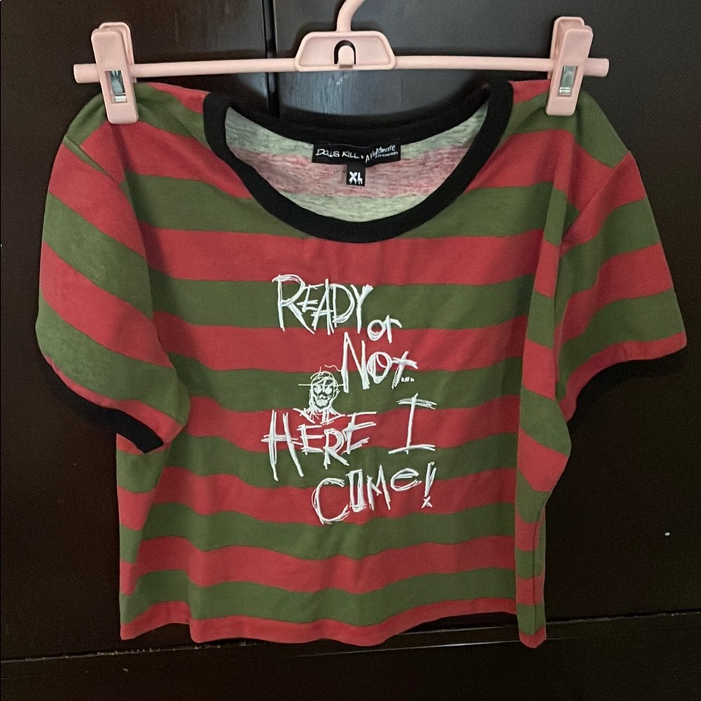 Dolls Kill Green and Red Striped Short Sleeve Tee